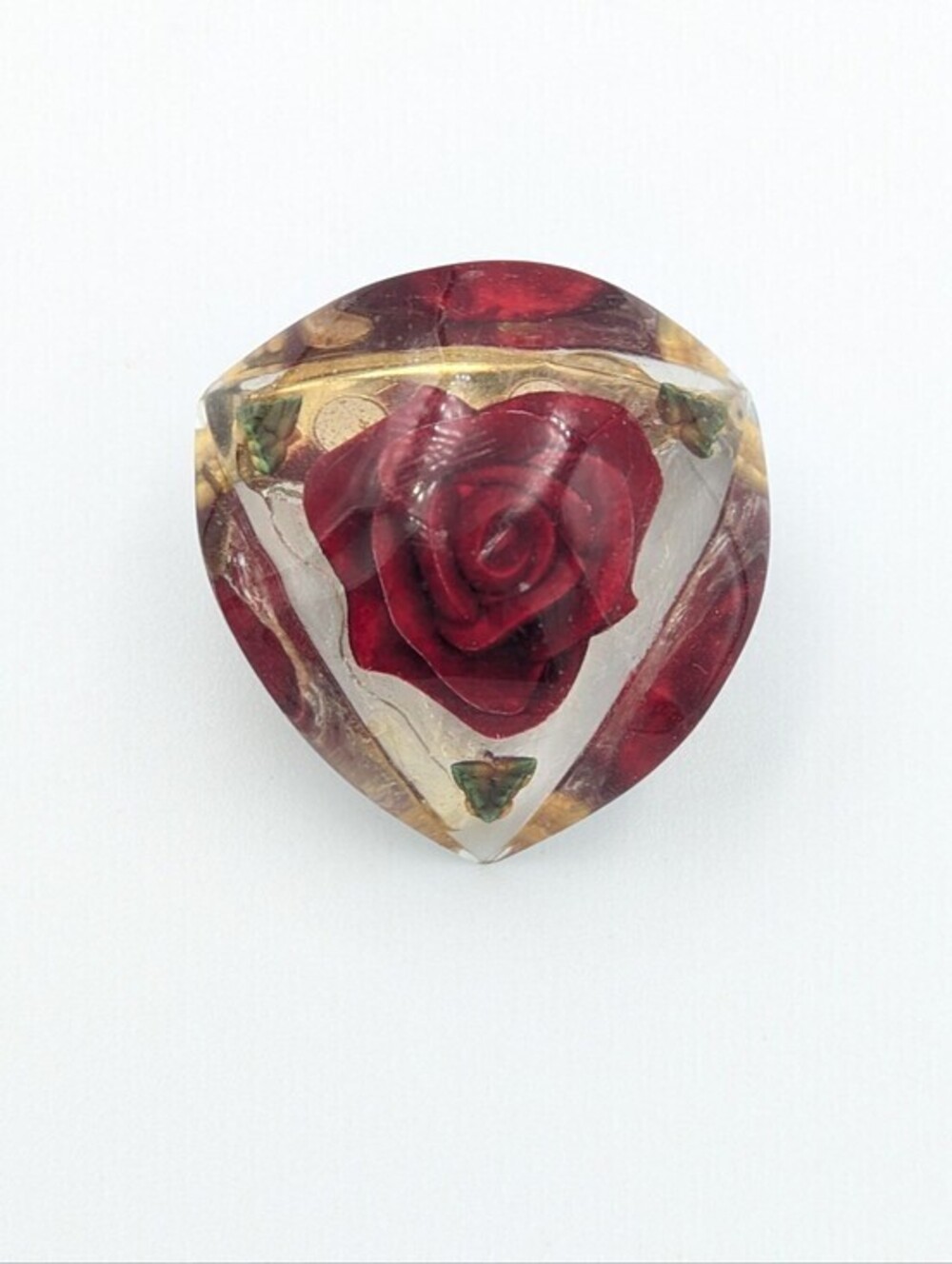 Vintage clear lucite red rose and green leaves brooch pin